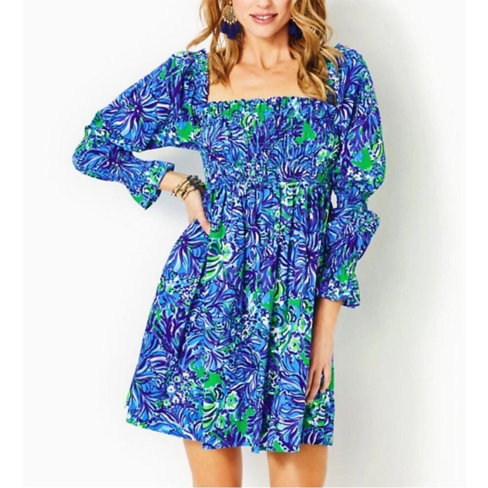 Lilly Pulitzer Beyonca Long Sleeve Smocked Mini Dress Abaco Blue Turtle Awe